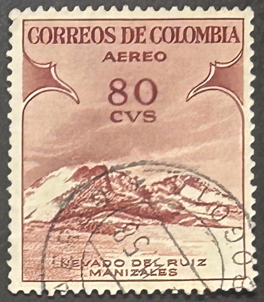 Sello Colombia 1959 - Nevado del Ruiz - 80 Cts. aéreo Usado Marrón.