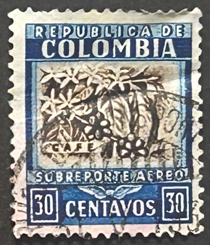 Sello Colombia 1932 - Café - Subreporte aéreo - 30 cents Azul y Negro Usado