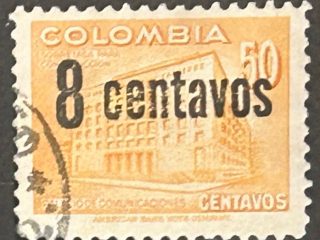 Sello Colombia 1952 -  Palacio de Comunicaciones - 8 centavos Sobreimpreso, Naranja