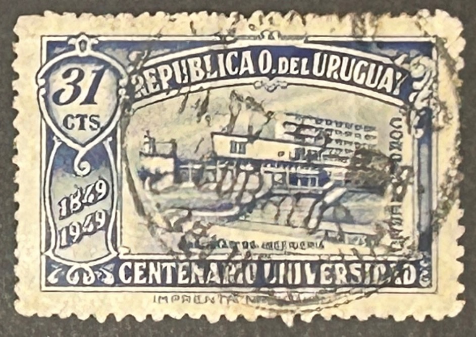 Sello Uruguay 1949 - Centenario Universidad- 31 c. Azul Usado Aéreo