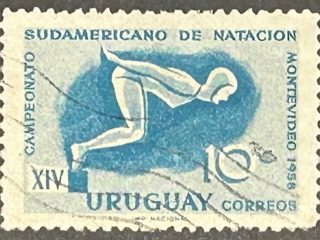 Sello Uruguay 1958 - Campeonato Sudamericano de Natación - 10 c Azul Usado