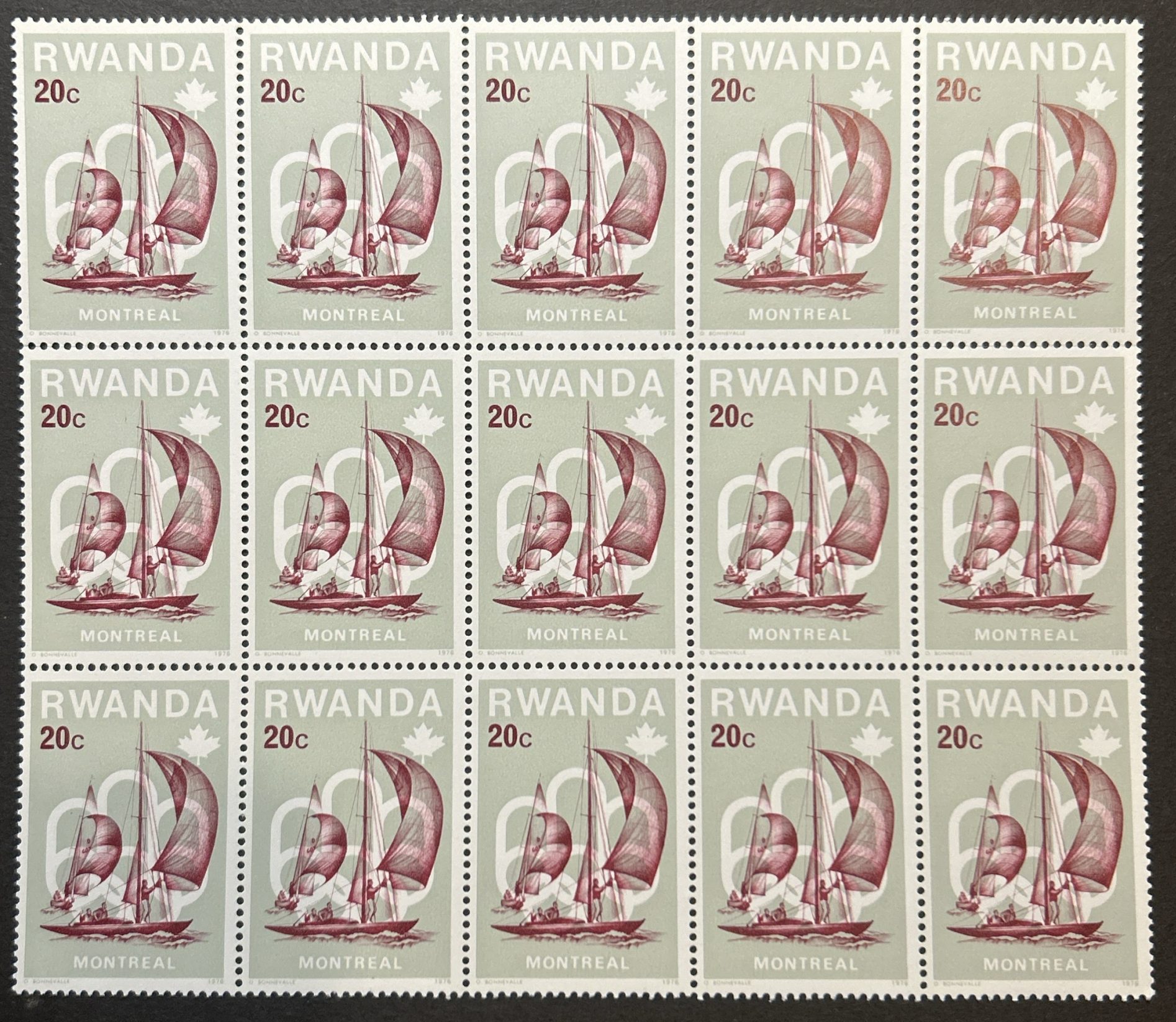 Bloque Sellos Ruanda 1976 - Juegos Olímpicos Montreal : Vela - 15 sellos de 20c Nuevos