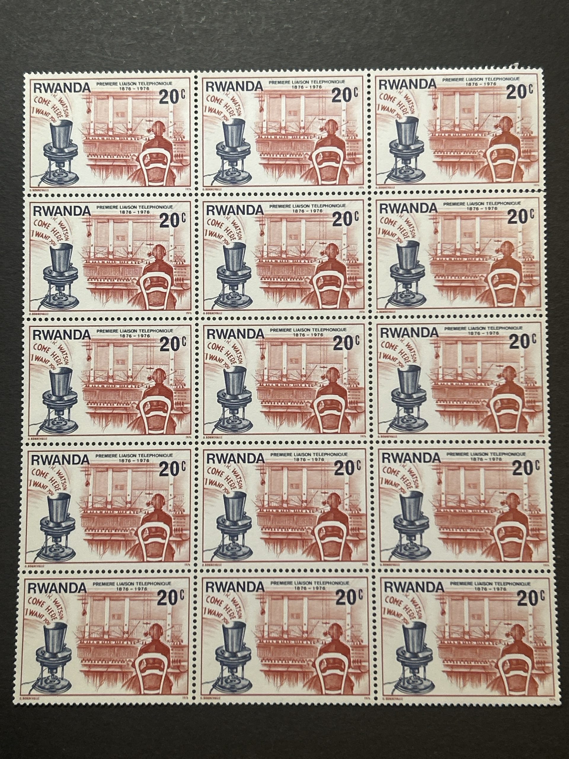 Bloque Sellos Ruanda 1976 - Primera llamada telefónica- 15 sellos de 20c Nuevos