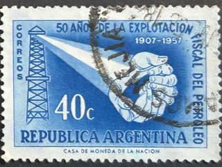 Sello Argentina 1957 - Explotación fiscal del Petróleo - 40c Azul Usado