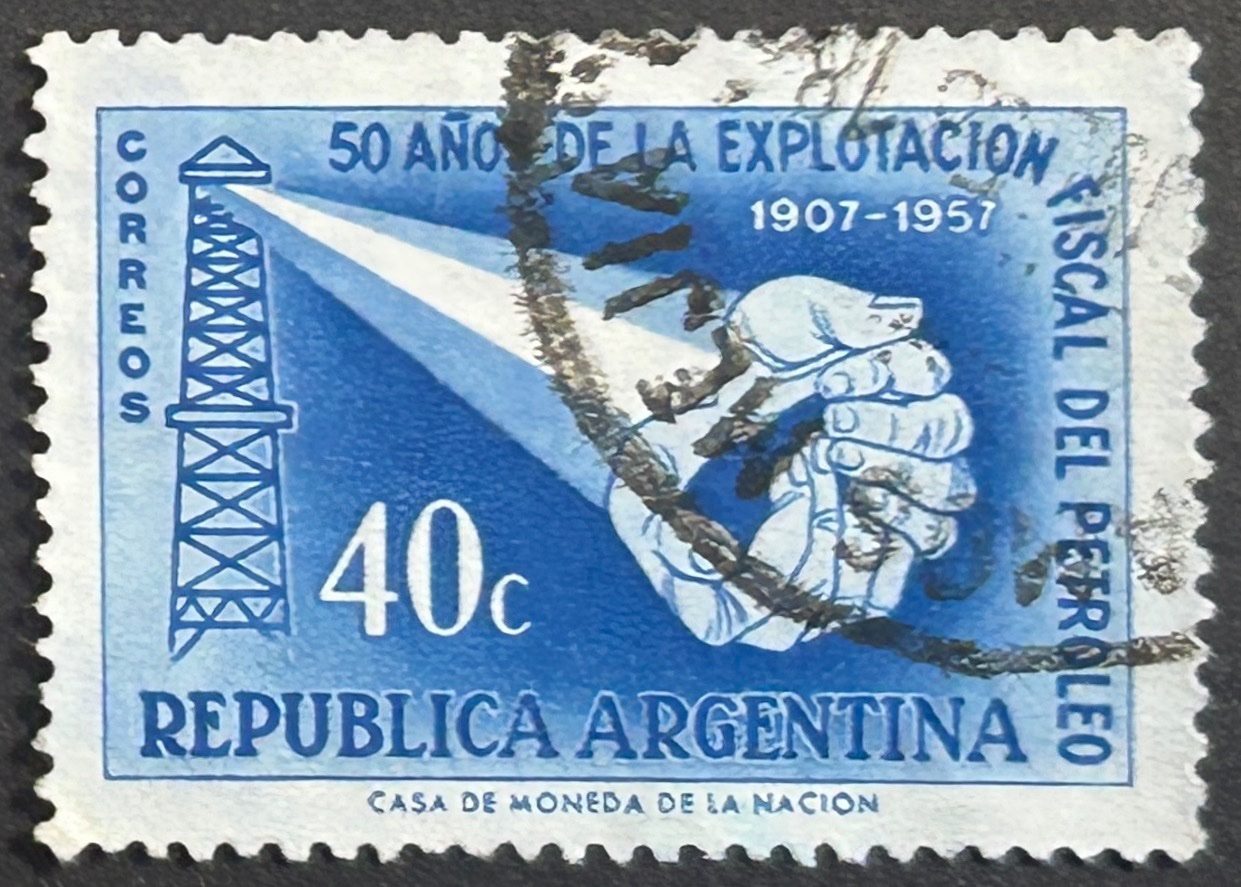 Sello Argentina 1957 - Explotación fiscal del Petróleo - 40c Azul Usado