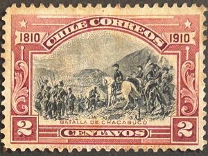 Sello Chile 1910 - Batalla de Chacabuco- 2 Centavos Rojo y Negro Nuevo