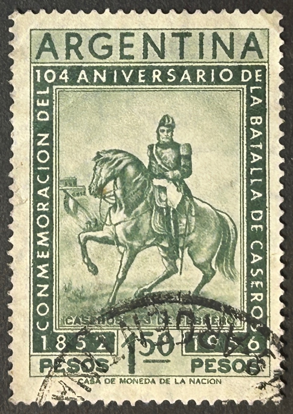 Sello Argentina 1956 - Batalla de Caseros - 1,50 Pesos Verde Oscuro Usado