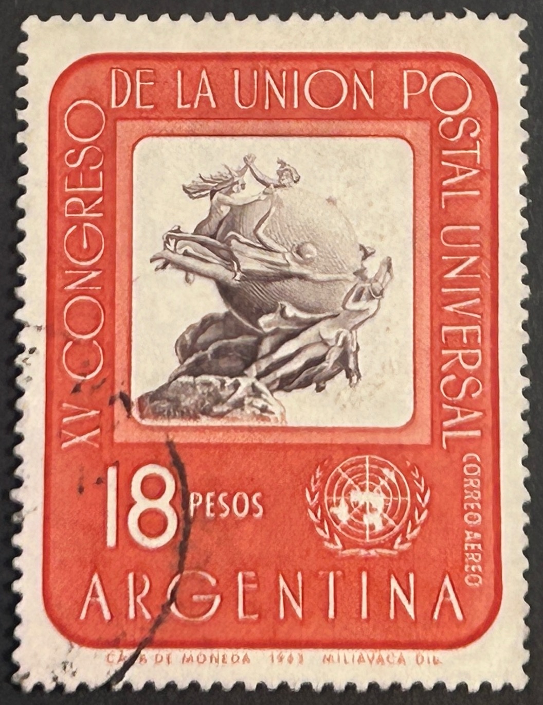 Sello Argentina 1964 - XV Congreso Unión Postal Universal- 18 Pesos Rojo y Negro Usado