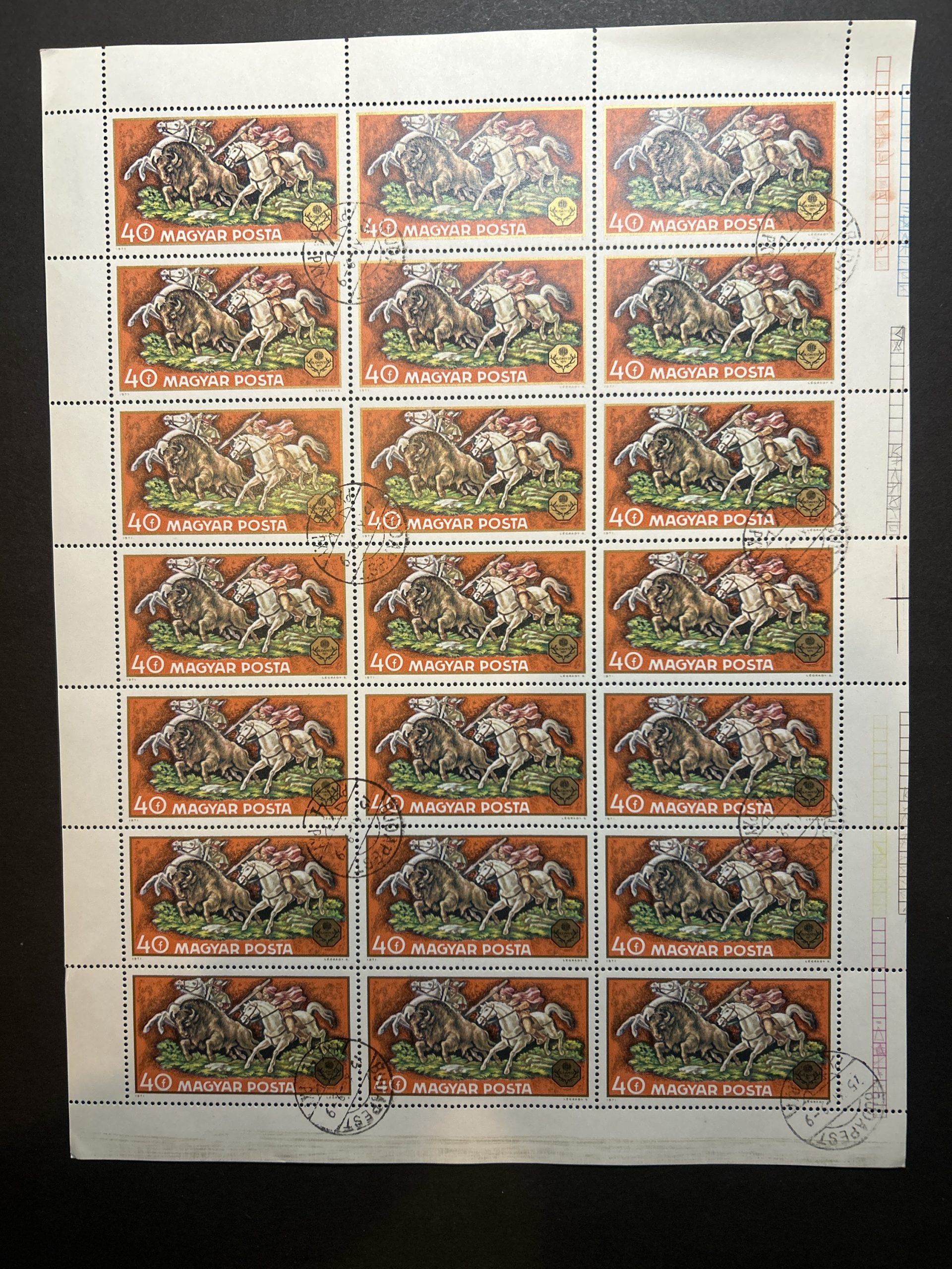 Bloque sellos Hungría 1971 - Caza y Pesca : Bisonte Europeo - 21 sellos de 40f Nuevos cancelados