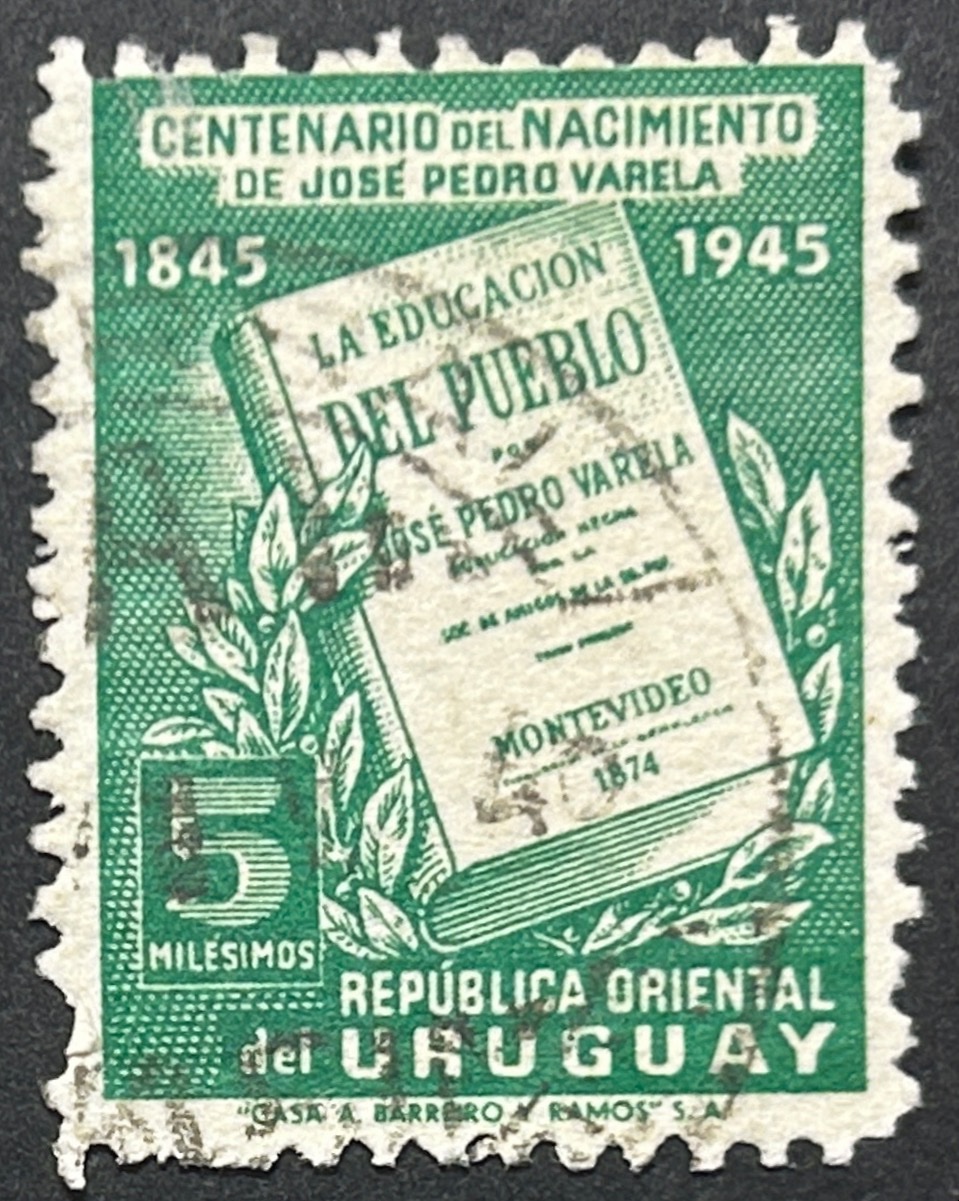Sello Uruguay 1945 - Nacimiento José Pedro Varela - 5 Milésimos Verde Usado
