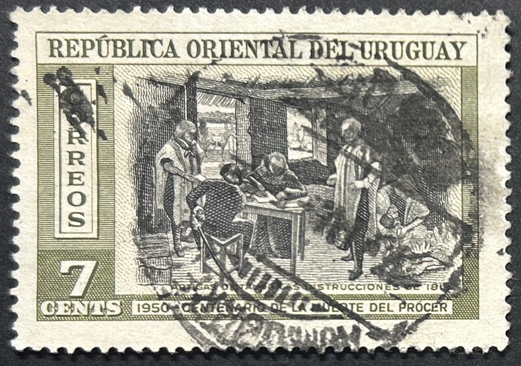 Sello Uruguay 1952 - Centenario de la muerte de Artigas - 7 cents Gris Usado