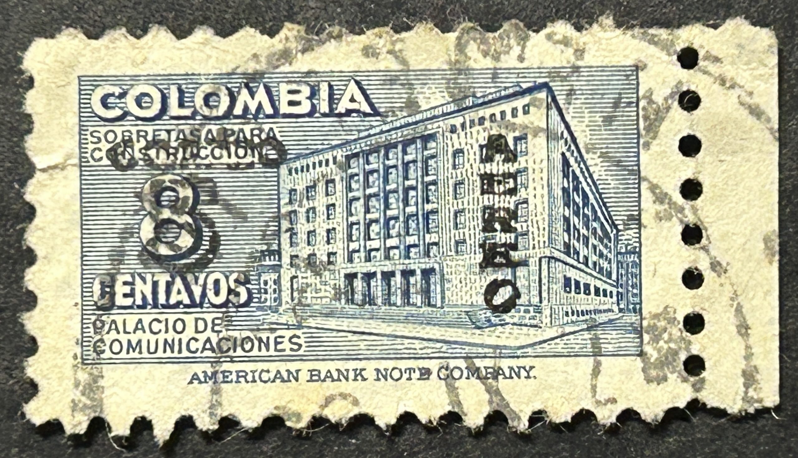 Sello Colombia 1953 - Sobretasa Construcción- 5 Centavos Sobreimpreso en 8 centavos- Azul Usado