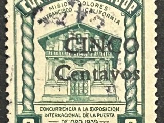 Sello Ecuador 1939 - Exposición Puerta de Oro - Cinco Cts sobre 2 centavos Verde Usado