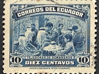 Sello Ecuador 1937 - Tejedores de Sombreros - 19 Centavos Azul Usado