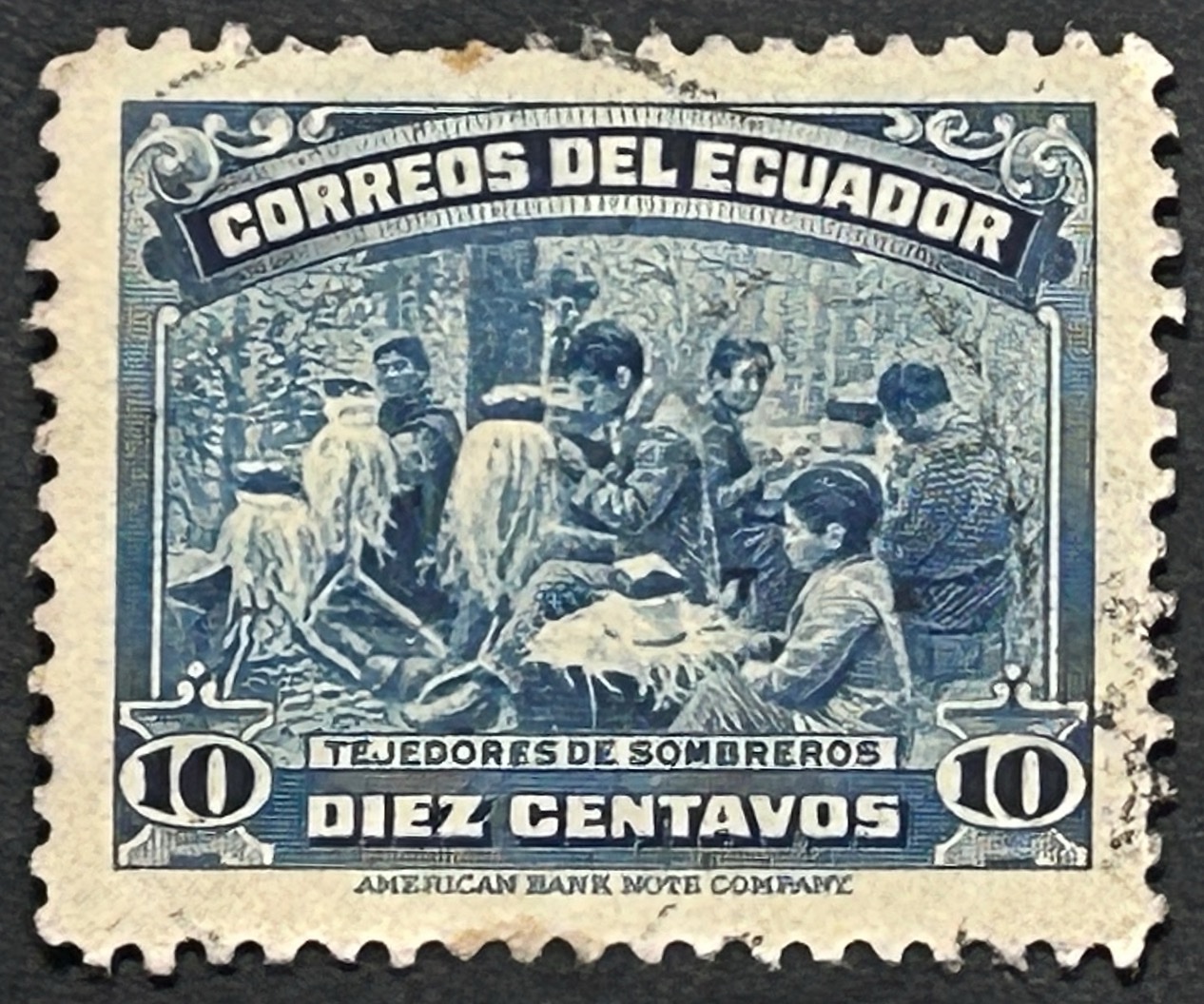 Sello Ecuador 1937 - Tejedores de Sombreros - 19 Centavos Azul Usado
