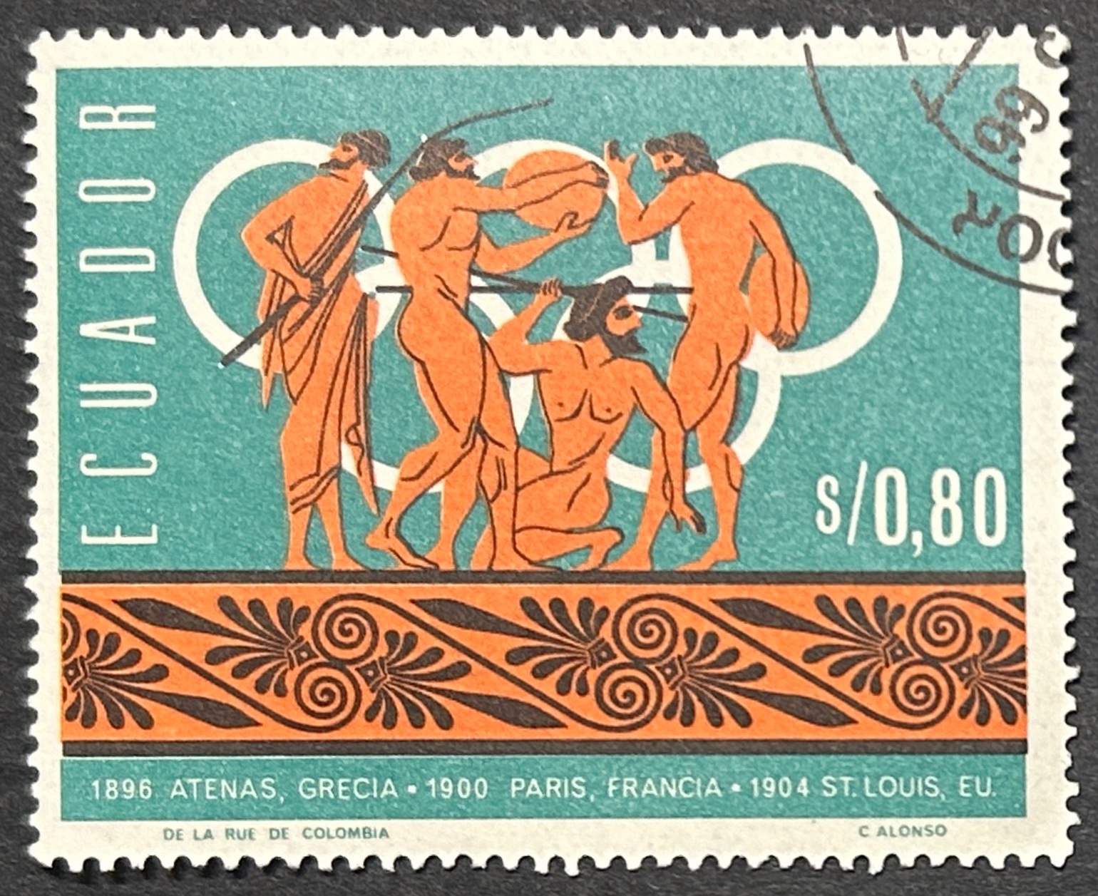 Sello Ecuador 1966 - Juegos Olímpicos: disco y jabalina - 0,80 Sucres Usado Aéreo