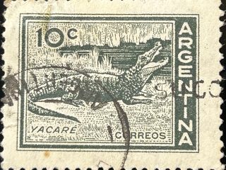 Sello Argentina 1959 - Fauna Yacare - 10c Verde Oscuro Usado