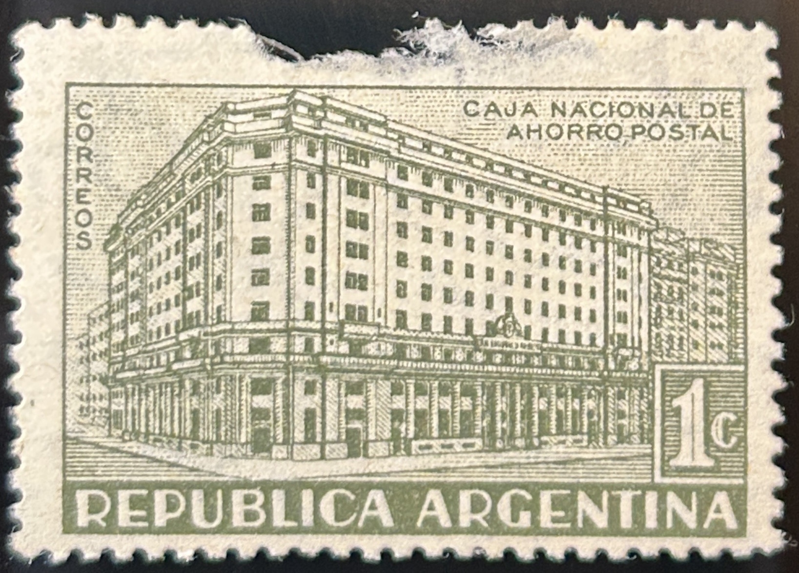 Defectuoso Sello Argentina 1944 - Caja Nacional de Ahorro Postal- 1c a verde Gris Nuevo