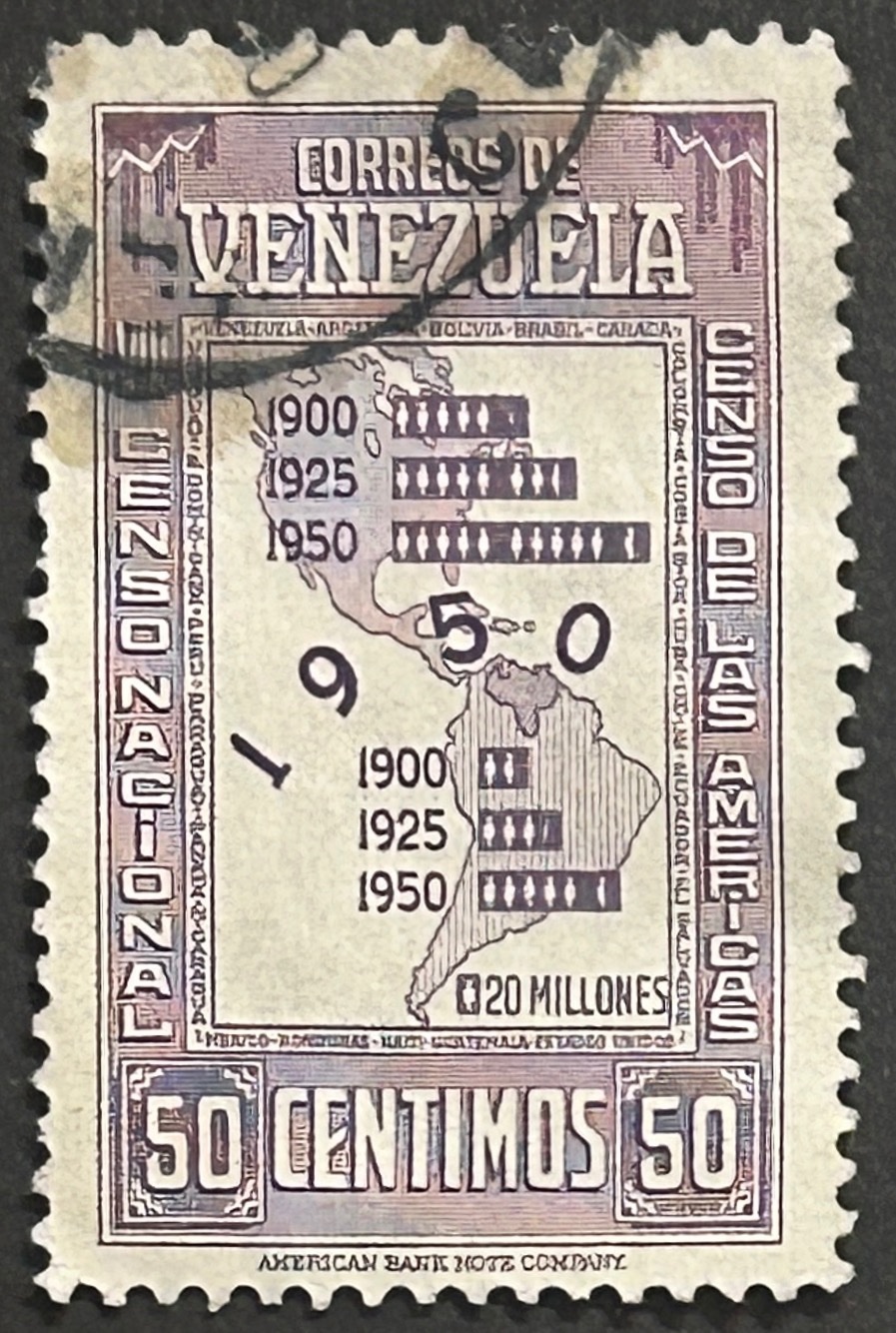 Sello Venezuela 1959 - censo de las Americas - 50 Céntimos Usado