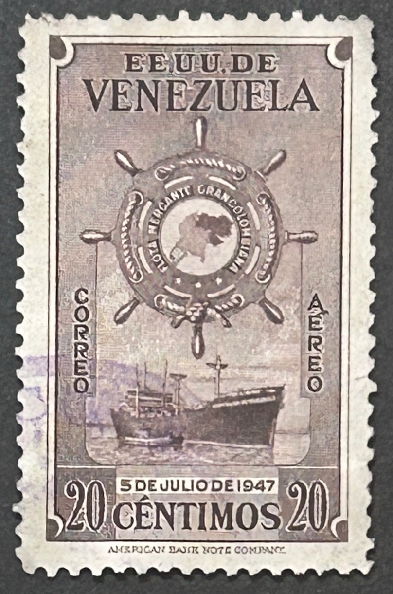 Sello Venezuela 1949 - Flota mercante colombiana - 20 céntimos marrón usado