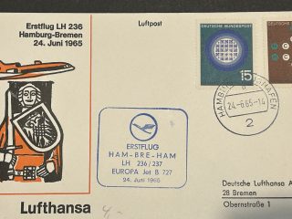 FDC Sobre Primer Vuelo  Alemania - Lufthansa - HAM-BRE-HAM 1965