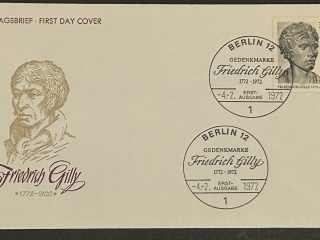 Sobre primer día de Alemania de 1972 dedicado a Friedrich Gilly