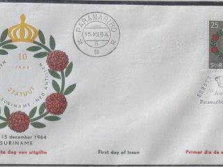Sobre Primer Día FDC Surinam 1964 - 10 Aniversario Estatuto del Reino (Corona y Flores)