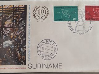 Sobre Primer Día FDC Surinam 1969 - 50 Aniversario de la OIT (Vitral de Ginebra)