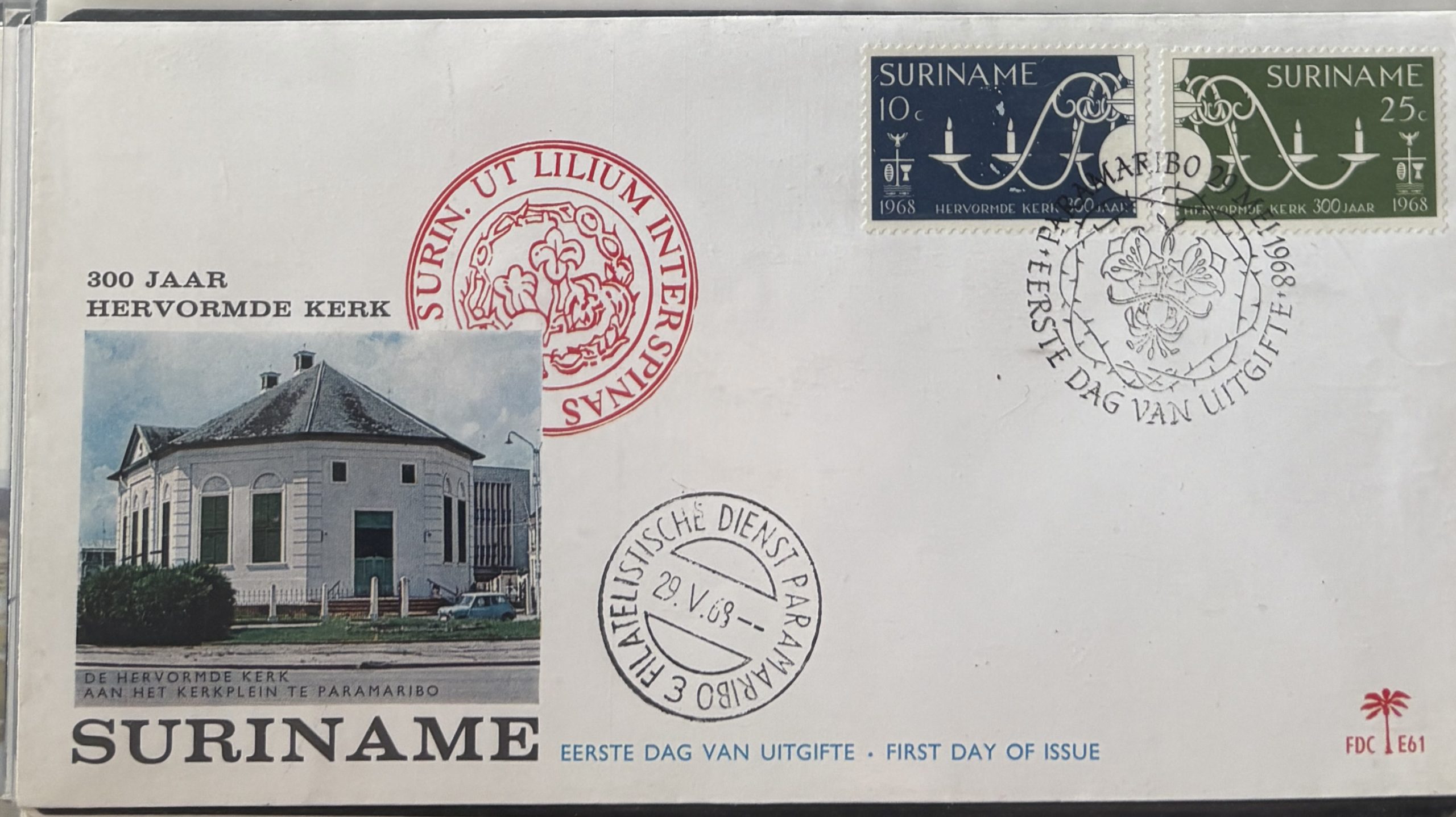 Sobre Primer Día FDC Surinam 1968 - 300 Años de la Iglesia Reformada (Hervormde Kerk)