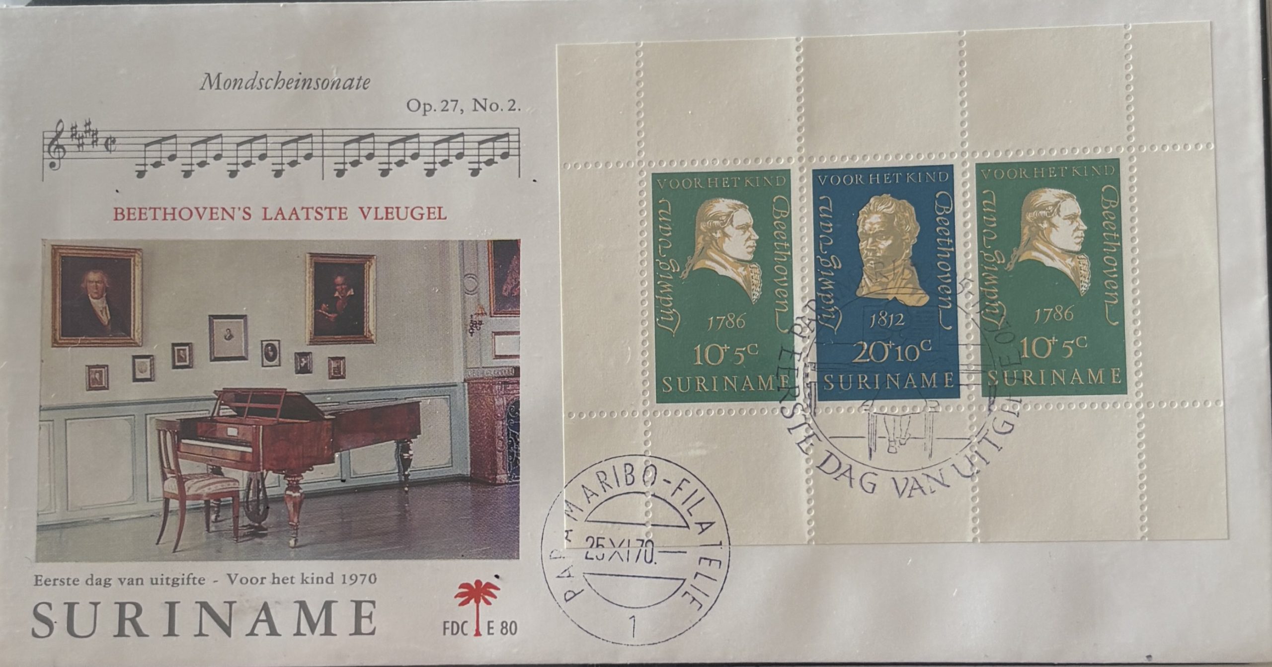 Sobre Primer Día FDC Surinam 1970 - Bloque Pro-Infancia Bicentenario de Beethoven (Voor het Kind)