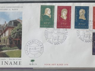 Sobre Primer Día FDC Surinam 1970 - Bicentenario de Beethoven Serie Completa (Casa Natal)