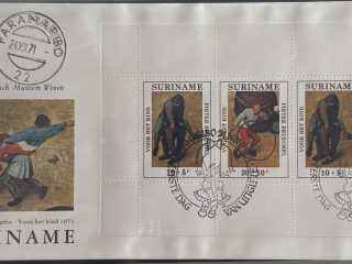 Sobre Primer Día FDC Surinam 1971 - Bloque Pro-Infancia Arte de Pieter Bruegel (Lion Cover)