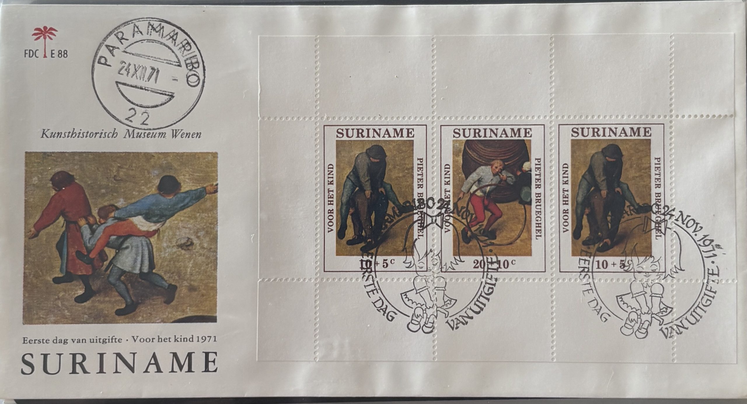 Sobre Primer Día FDC Surinam 1971 - Bloque Pro-Infancia Arte de Pieter Bruegel (Lion Cover)
