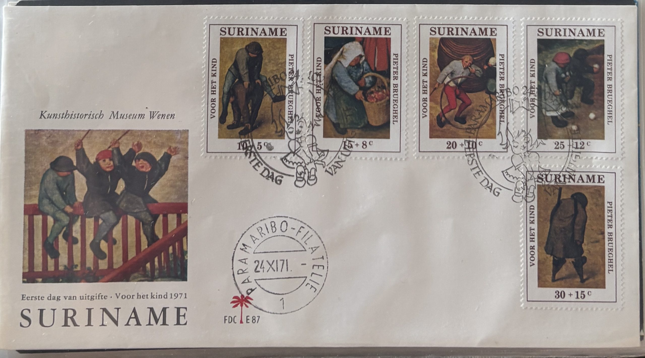 Sobre Primer Día FDC Surinam 1971 - Serie Pro-Infancia Completa Pieter Bruegel (Juegos de Niños)