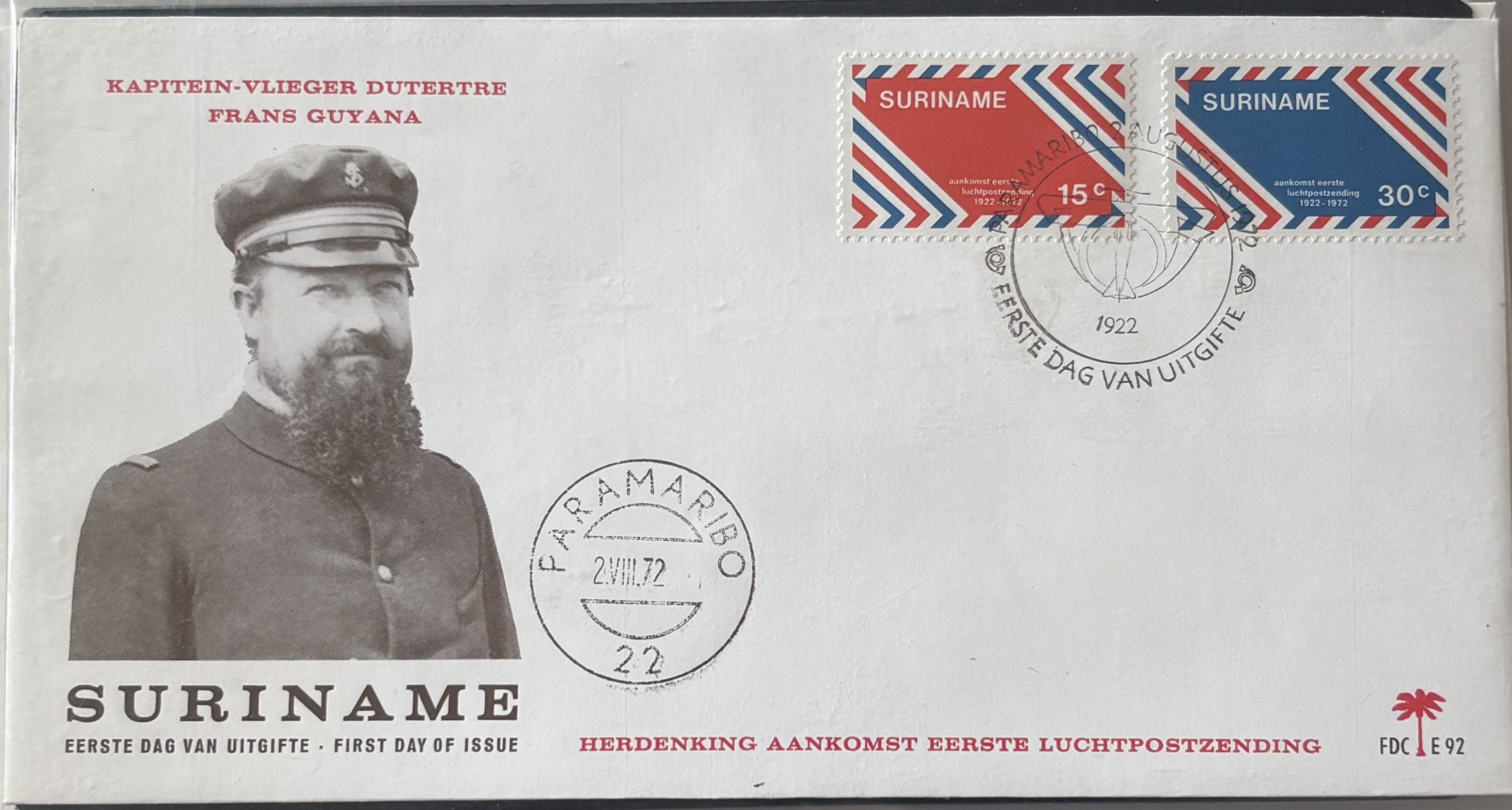 Sobre Primer Día FDC Surinam 1972 - 50 Aniversario Correo Aéreo Capitán Dutertre
