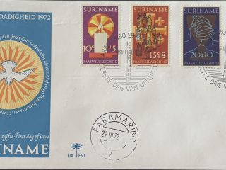 Sobre Primer Día FDC Surinam 1972 - Pascua El Espíritu Santo como Paloma (Paasweldadigheid)