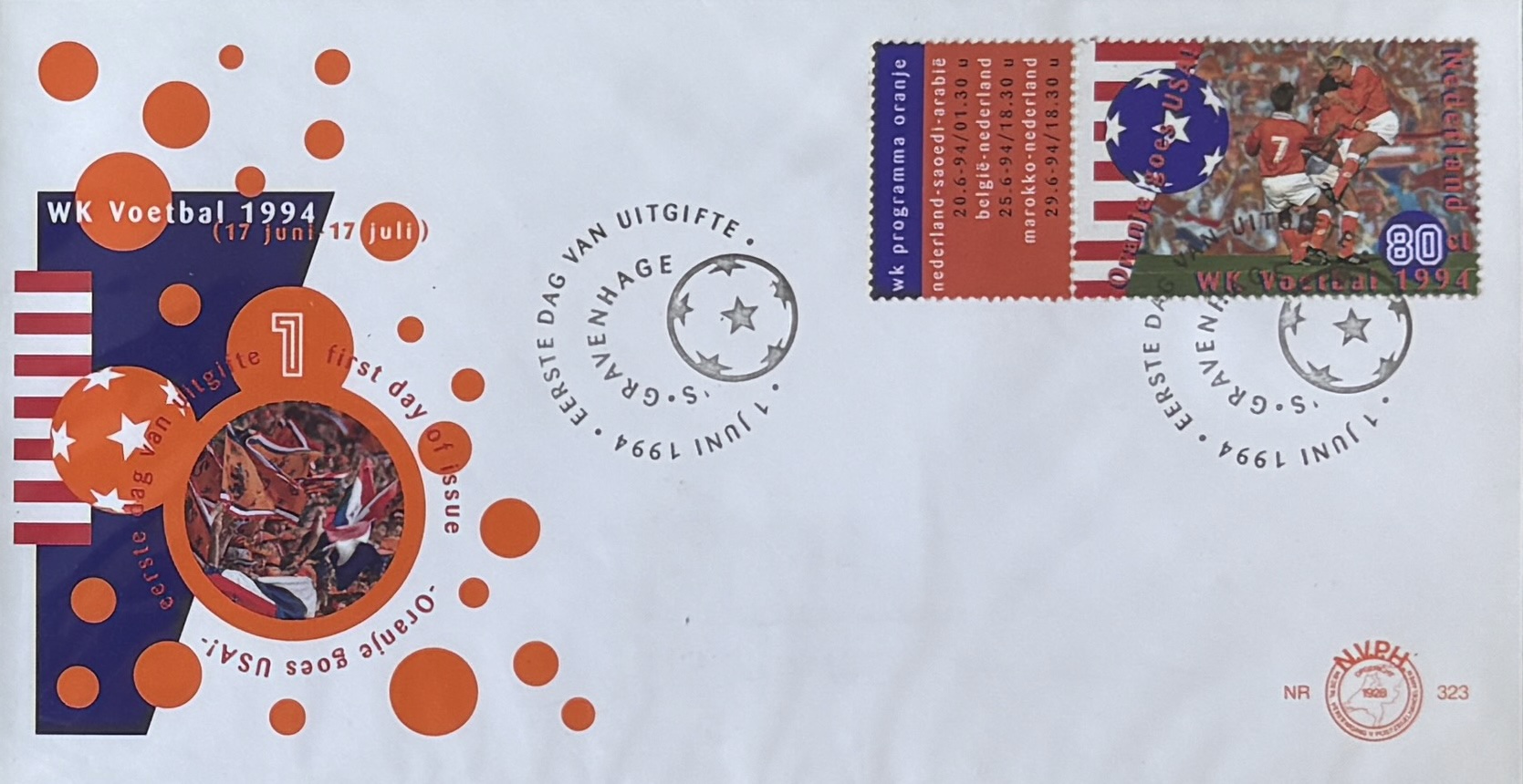 Sobre Primer Día FDC Países Bajos 1994 - Mundial de Fútbol USA 94 Oranje NVPH 323