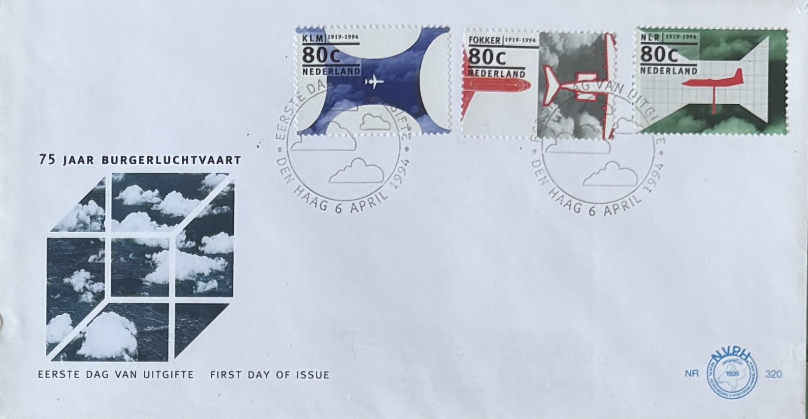 Sobre Primer Día FDC Países Bajos 1994 - 75 Años Aviación Civil KLM NVPH 320