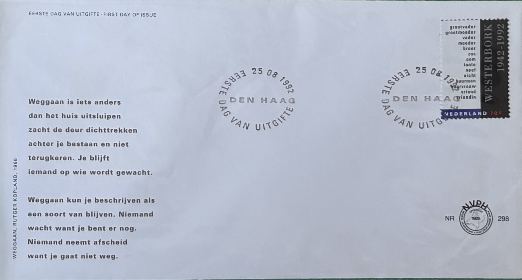 Sobre Primer Día FDC Países Bajos 1992 - 50 Años Campamento Westerbork NVPH 298
