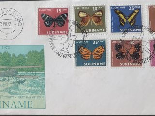 Sobre Primer Día FDC Surinam 1972 - Correo Aéreo Mariposas Valores Bajos Hidroavión Clásico