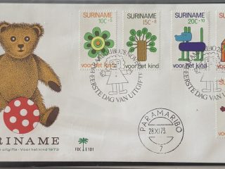 Sobre Primer Día FDC Surinam 1973 - Serie Pro-Infancia Completa Osito de Peluche (Voor het Kind)