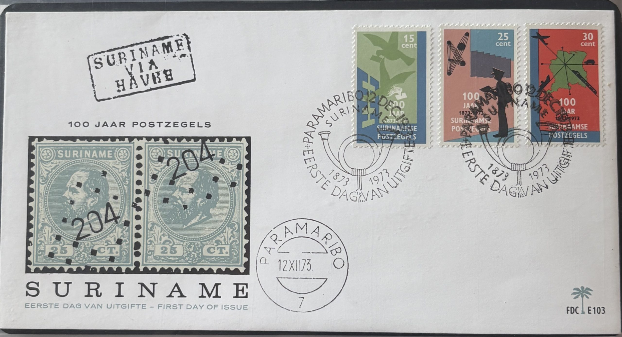 Sobre Primer Día FDC Surinam 1973 - Centenario del Primer Sello Postal (100 Jaar Postzegels)