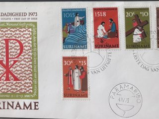 Sobre Primer Día FDC Surinam 1973 - Pascua Escenas de la Pasión de Cristo (Paasweldadigheid)