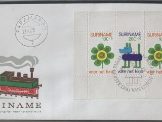 Sobre Primer Día FDC Surinam 1973 - Bloque Pro-Infancia Tren de Vapor (Voor het Kind)