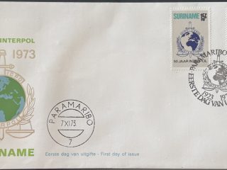 Sobre Primer Día FDC Surinam 1973 - 50 Aniversario de Interpol (1923-1973)