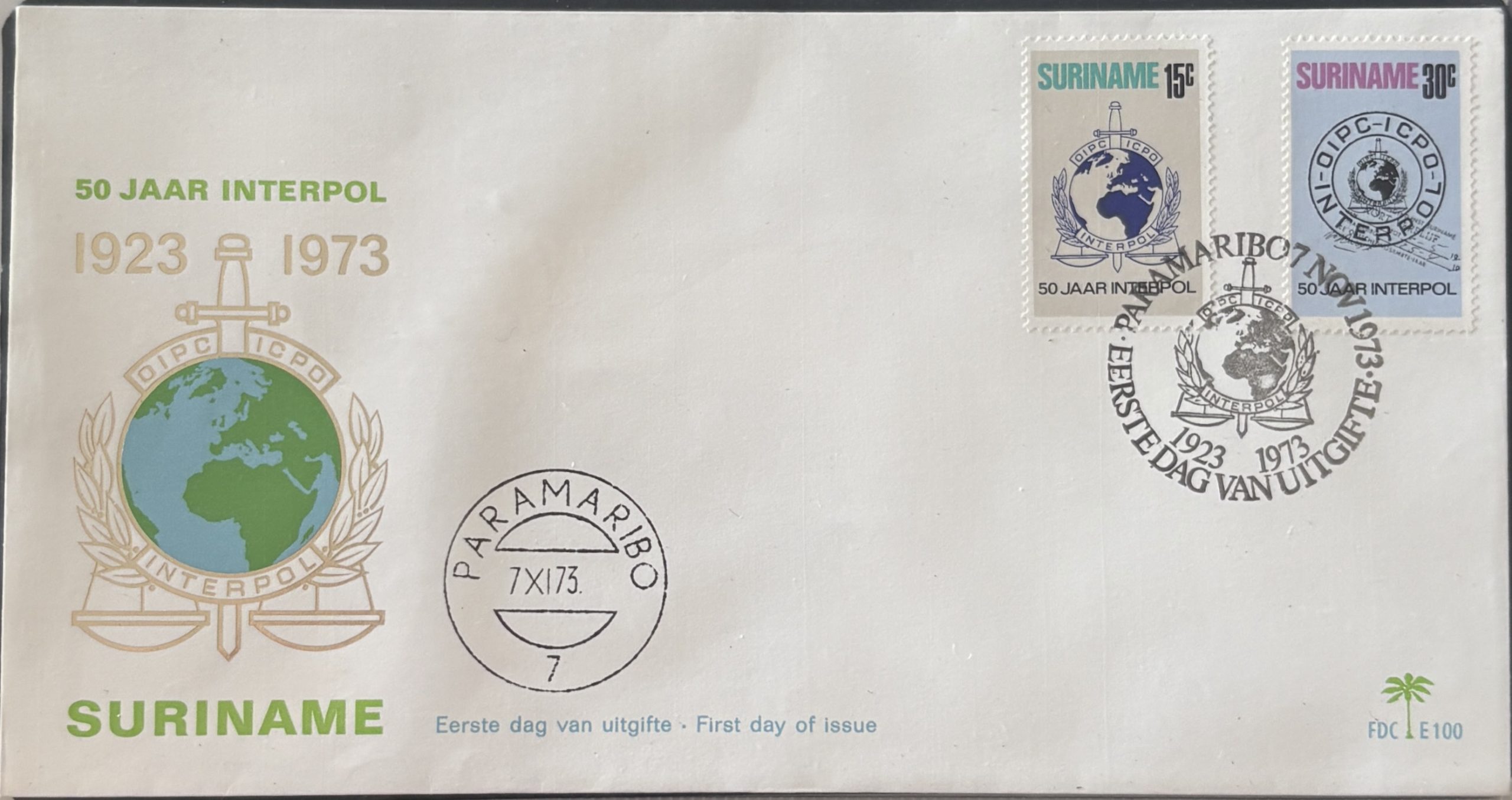Sobre Primer Día FDC Surinam 1973 - 50 Aniversario de Interpol (1923-1973)