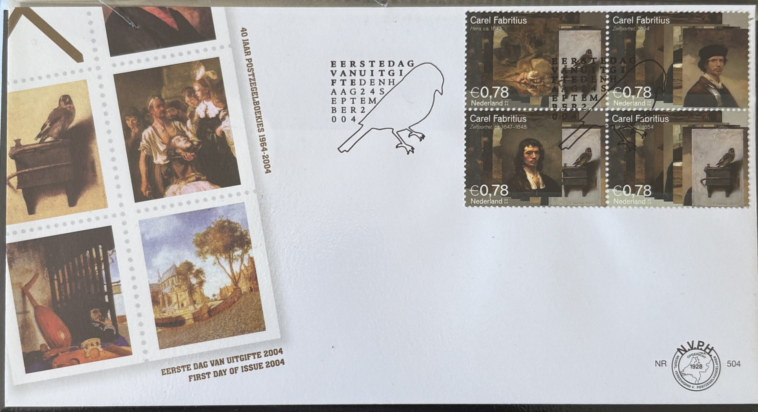 Sobre Primer Día FDC Países Bajos 2004 - 40 Aniversario Libritos Carel Fabritius El Jilguero NVPH 504