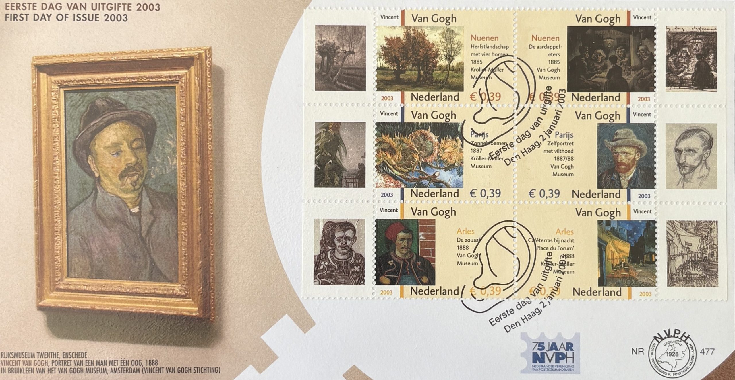 Sobre Primer Día FDC Países Bajos 2003 - Arte Vincent van Gogh Bloque de 6 NVPH 477