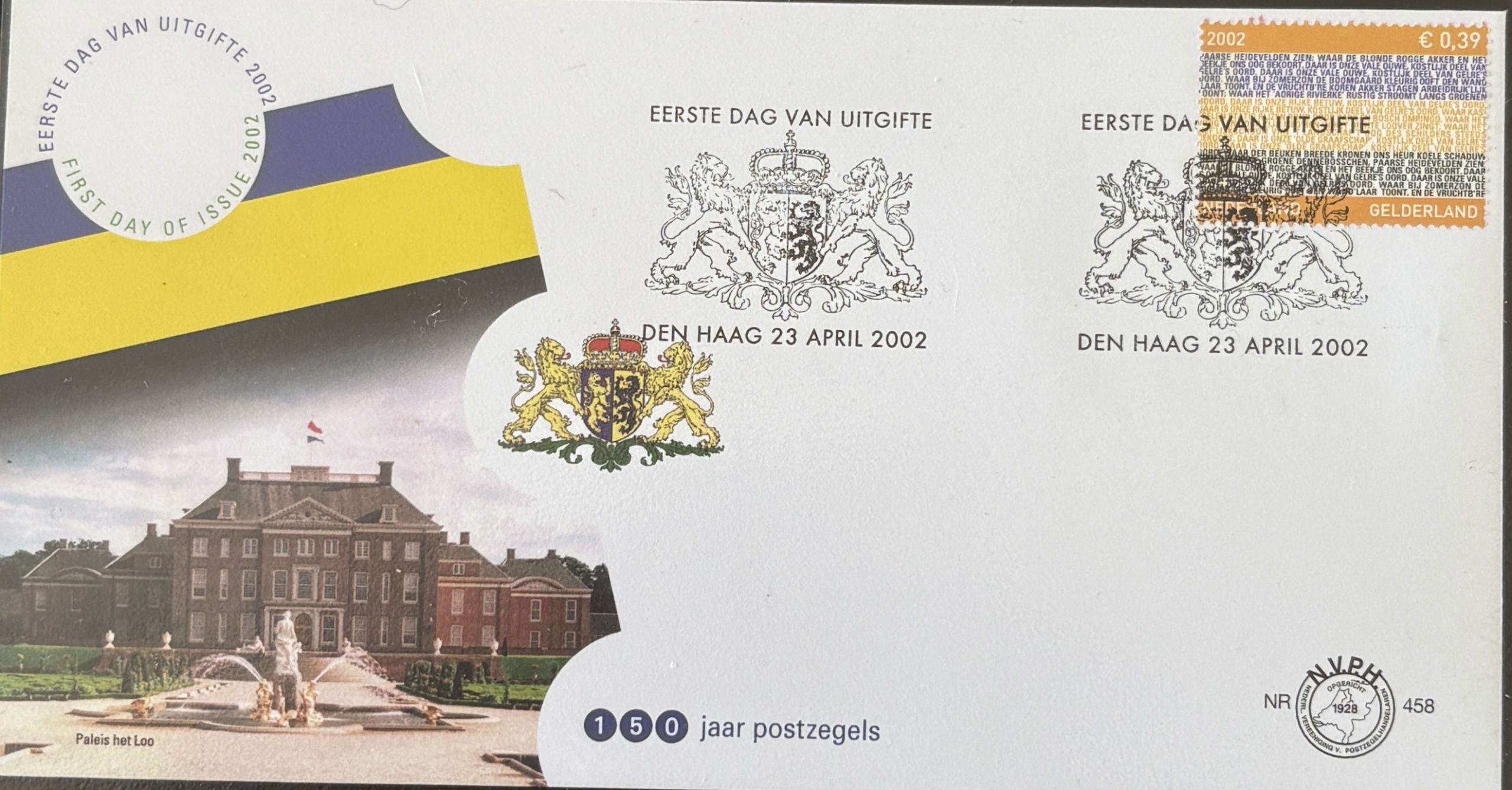 Sobre Primer Día FDC Países Bajos 2002 - Provincia de Gelderland Palacio Het Loo NVPH 458