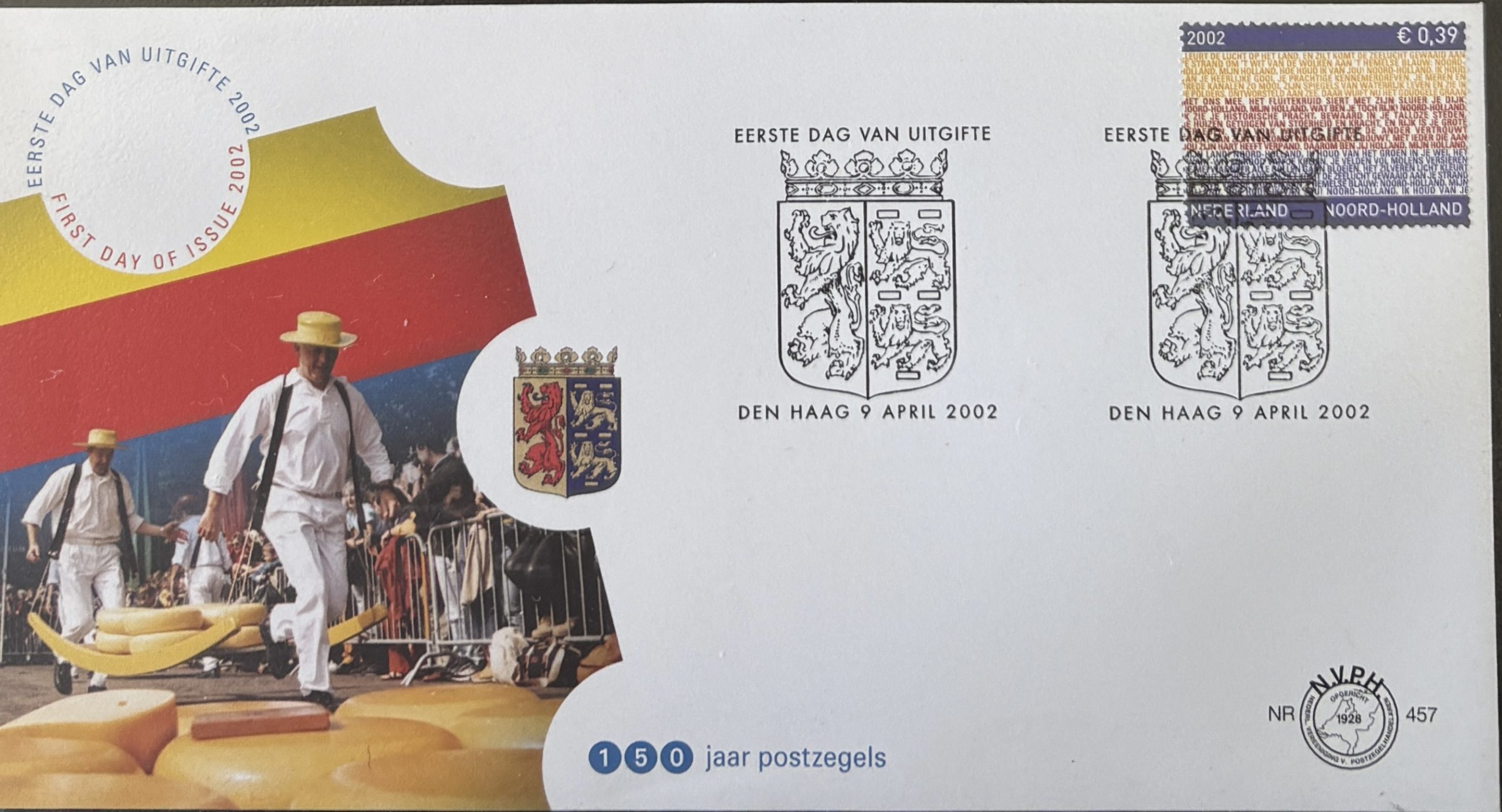 Sobre Primer Día FDC Países Bajos 2002 - Provincia de Holanda Septentrional Mercado de Queso NVPH 457